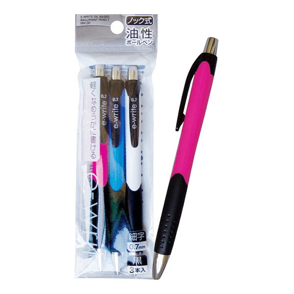 【まとめ買い】e-writeノック式油性ボールペン0.7細字 黒 3本 0474/041091