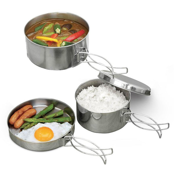 【まとめ買い】クッカーセット アウトドア ステンレス 4点セット 鍋2点 フライパン 皿 Montagna モンターナ HAC3020 シルバー 1571/329725