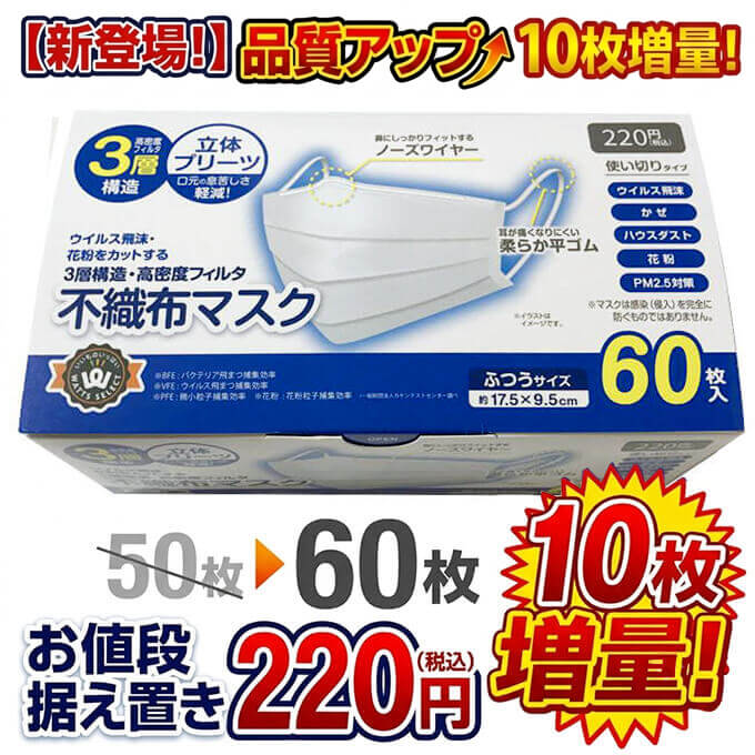 【まとめ買い】PB.3層構造不織布マスク 大人用 60枚 1850/078095