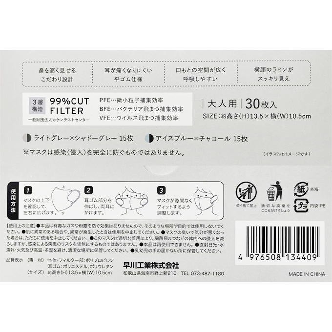 【まとめ買い】2DFitUPマスク 30枚 ライトグレー アイスブルー 1583/317763